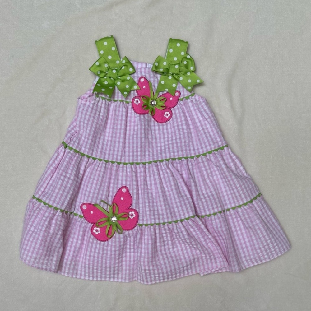 Girls Size 2T Pink Gingham Butterfly Dress Green Polka Dot Bow by Rare Editions